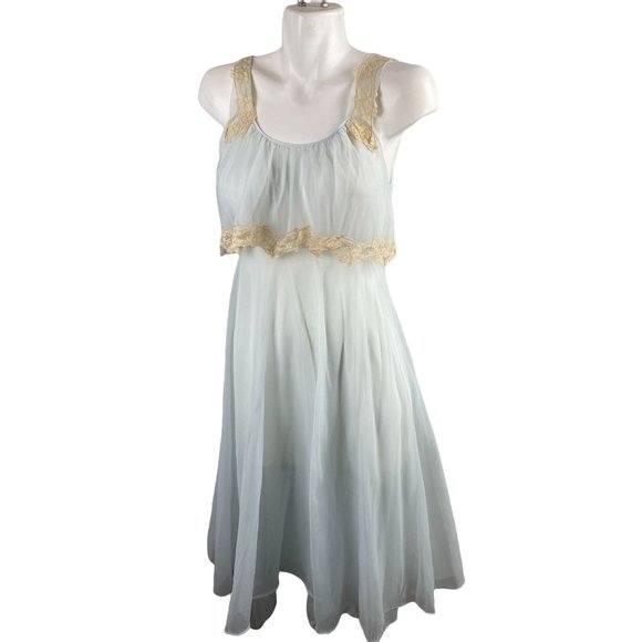 Vintage Other - Vtg 60s Pastel Blue White Lace Short Fit Flare Nightgown 100% Nylon Sz 34 Small